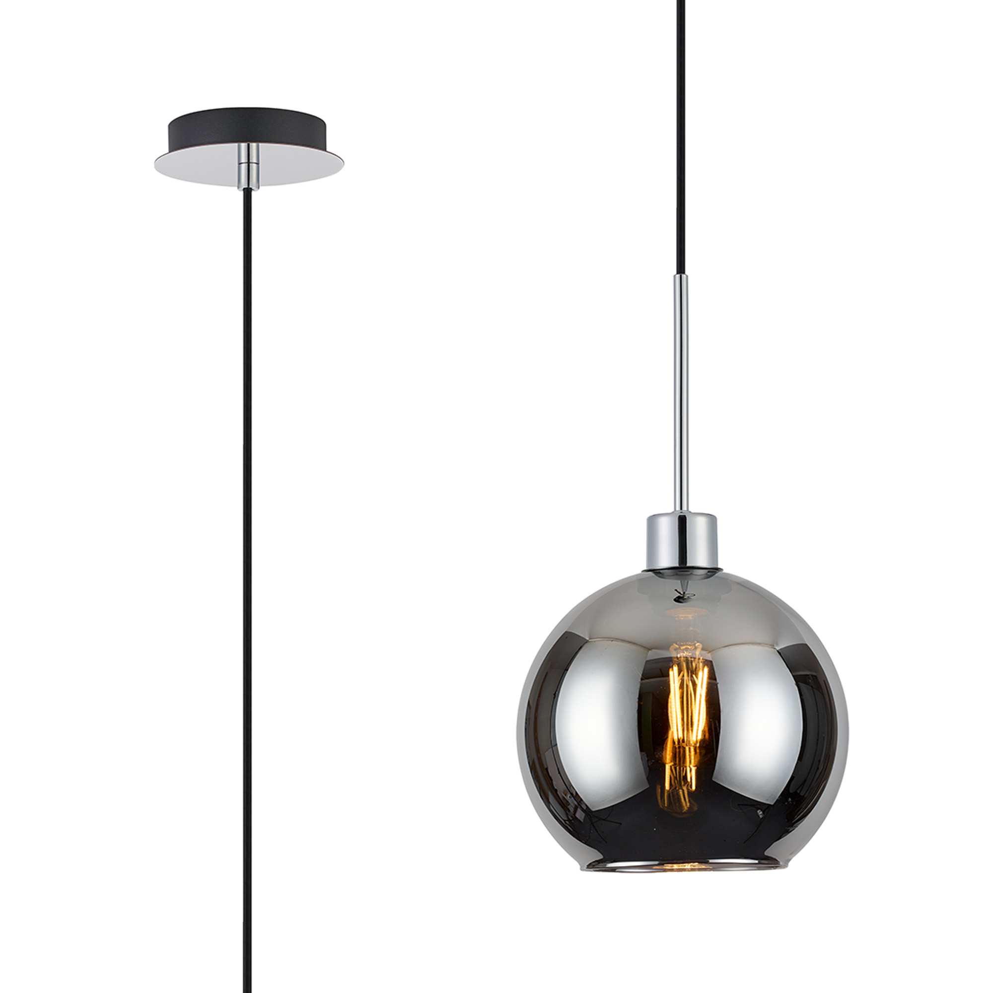 DK1260  Lori 1.7m Single Pendant, 1 Light Adjustable E27, Polished Chrome/Chrome Open Mouth Round Globe Shades